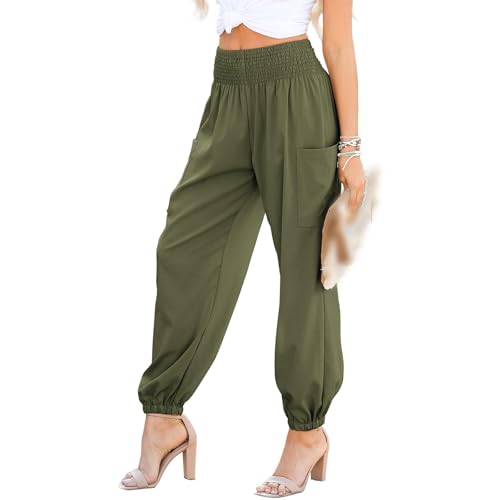 Womens Casual Boho Pants Elastic High Waist Loose Fit Long Pants Smocked Cargo Business Summer Pant with Pockets 2025
