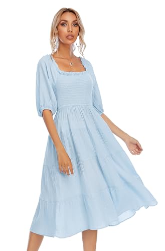 Image of R.Vivimos Women's Summer Cotton Lantern Sleeves Ruffled Off Shoulder A-Line Midi Dresses