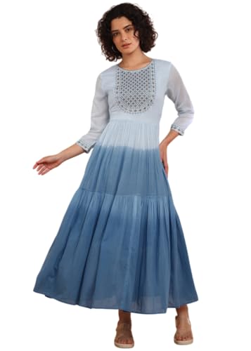 Image of Maaesa Women Embroidered Cotton Flared Dress