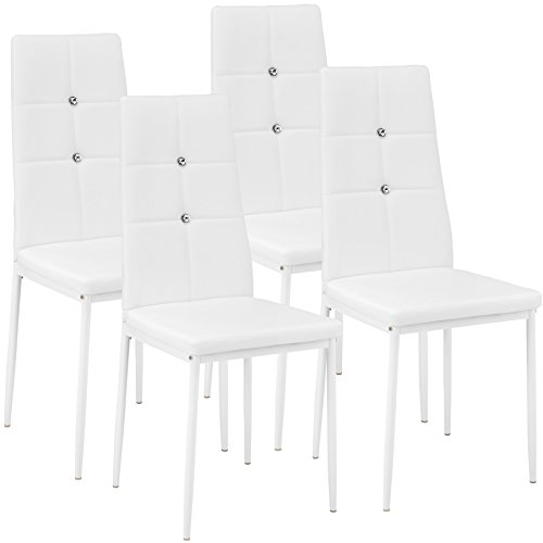 TecTake 800452 - Set de Sillas de Comedor, Asiento y Respaldo Acolchado, Piel Sintética con Piedras Brillantes Integradas, 40x42x97cm (4X Blanco | no. 402547)