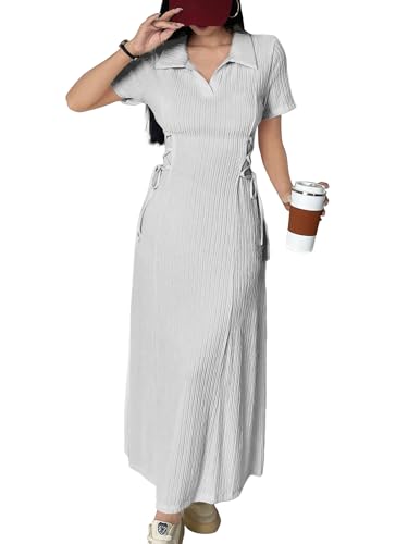 Image of Shasmi Women's Solid Color Applique Lace-Up Collared Short Sleeve, Side-Tie Waist Long Casual Maxi Women Dress Outfit Long Evening Midi Western Party Dress for Women (Dress 211)
