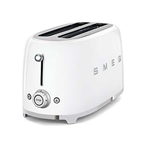 Image of SMEG 4 Slice Toaster TSF02, Long Slot Toaster with Wide Slots for Bagels & Artisan Bread, Retro Stainless Steel, 6 Browning Levels, Defrost Reheat Bagel Functions, 1400W - (White)