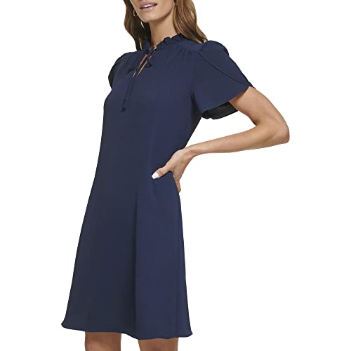 Image of DKNY Women's Front Tie Ruffle Neckline Trapeze Dress