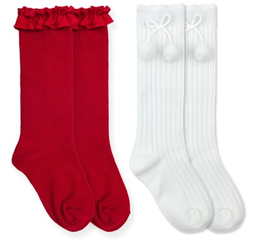 Jefferies Socks Girl Ruffle Lace Pom Pom Bow Knee High Socks 2 Pair Pack