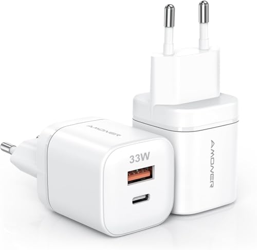Amoner Caricatore USB C 33W, 2-Pack GaN 2 Porte PD alimentatore Rapido per iPhone 16/15/14/13/12/11, Galaxy S24/S23, iPad/Pro/Mini, OPPO, Xiaomi, Spina Alimentatore Presa Carica Adattatore Muro