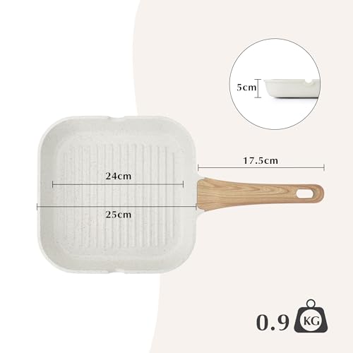 SENSARTE Grill Pan 24cm Ceramic Coating Square Frying Pan IH Gas with Double Pourers Non-Stick One-Year Warranty White