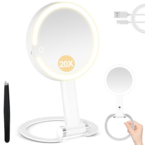 20x Magnifying Mirror with Light, Travel Mirror with Light, Lighted Makeup Mirrors with Magnification, Hand Held Mirrors with Handle, Portable Tabletop, Suitable for Bathroom