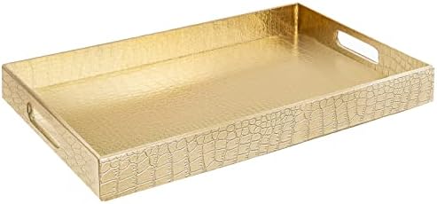 17.5"x12" Gold Glossy Crocodile Faux Leather Serving Tray Beautif...