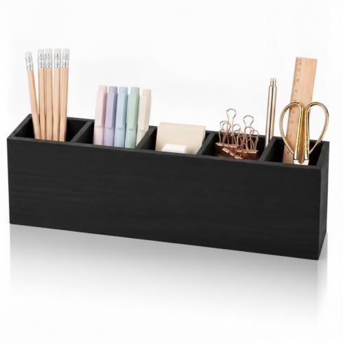 Image of Jetec Wooden Pencil Pen Holder for Desk 5 Compartments Cosmetic Makeup Brush Stationery Office Desktop Organizers for Countertop Adjustable Silverware Caddy for Party, Art Supplies,Home decor(Black)