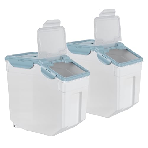 Shulemin 2 Pack Airtight Food Storage Containers 55lbs, Large Flour and Rice Storage Bins with Locking Lid & Wheels, 25kg Dog Cat Pet Food Container with Measuring Cup for Kitchen Pantry Organization
