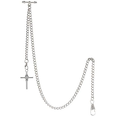 TREEWETO Men's Albert Chain Pocket Watch Curb Link Key Chain 2 Hooks with Antique Cross Silver Pendant Design Charm Fob T Bar Cover