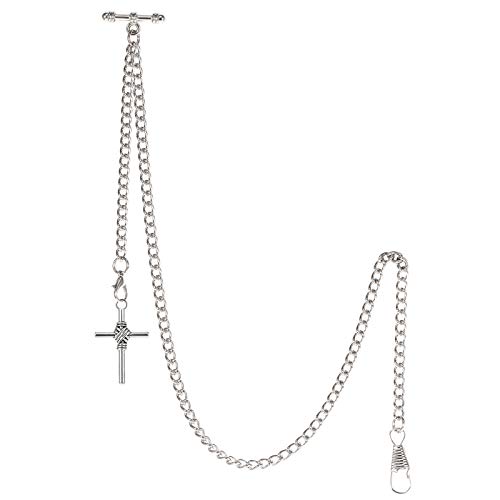 TREEWETO Albert - Reloj de bolsillo para hombre, 2 ganchos con colgante de cruz envejecida, barra en T, plata, Antiguo