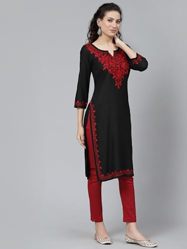Image of QAZMI Women's Floral Aari Embroidered Viscose Rayon 3 /4 Sleeves Straight Kurta