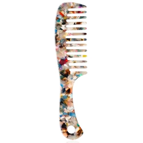 COMNICO Peine para el cabello de dientes anchos, de acetato, redondo, antiestático, desenredante, tortuga, multicolor, accesorios para el cabello para mujeres, cabello largo, grueso o rizado