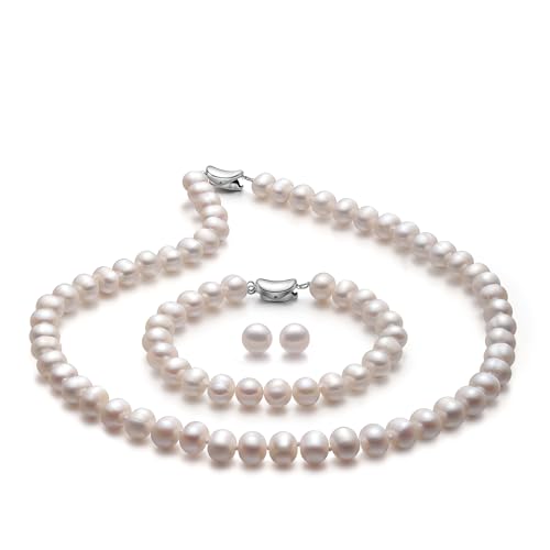 Freshwater Cultured Pearl Necklace and Earring Set Genuine Pearl Jewelry Set Includes Stunning Bracelet and Stud Earrings Real Pearl Necklace Set for Women Valentine's Day Mother's Day Birthday Presents