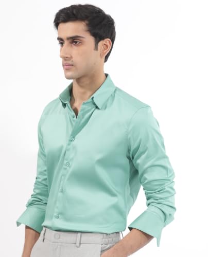 Image of Rare Rabbit Men Regular Fit Solid Beige Satin Long Sleeve Button Shirt