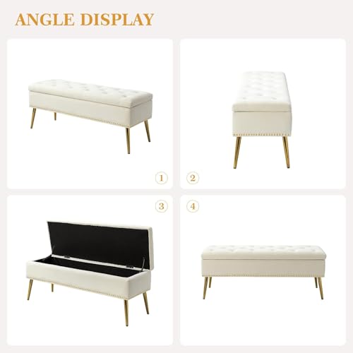 Image of Modern Off White Velvet 2 Seater Storage Bench Ottoman for Bedroom & Living Room | Upholstered Tufted End of Bed Bench with Hidden Storage | Gold Metal Legs