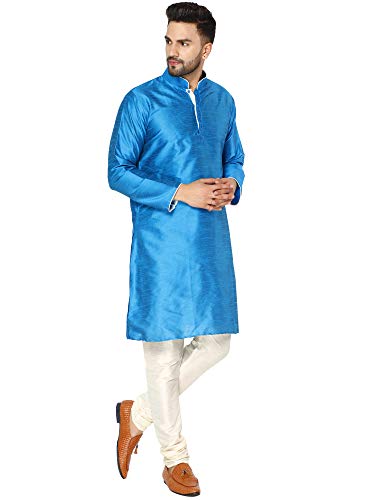 Image of SKAVIJ Men's Art Silk Contrast Kurta Pyjama Set Woven Design 2-Piece Festive Ethnic Dress