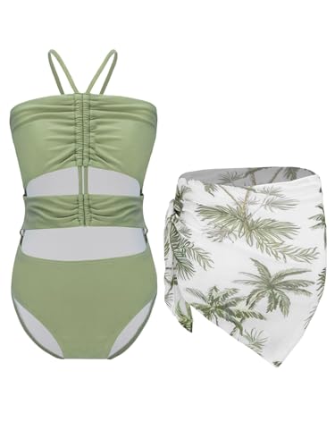 Girls 2 Pcs Bathing Suits Halter Ruched Bra One Piece Swimsuits with Wrap Skirts - Main Image