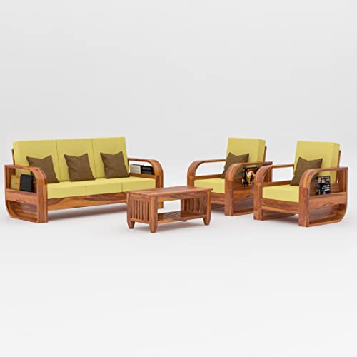 Image of Douceur Furnitures Solid Sheesham Wood 5 Seater Sofa | Five Seater Sofa Set for Living Room, Cafe, Office | (Honey Teak Cushion Yellow)
