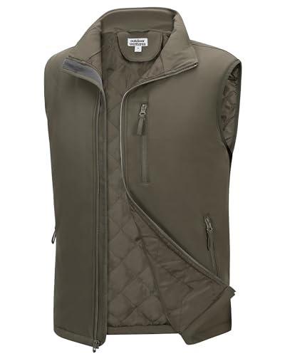 Outdoor Ventures Mens Softshell Puffer Gilet Waterproof Hydrid Gilet Windproof Outerwear Vest Winter Padded Bodywarmer Insulted Jacket with 4 Pockets for Running Cycling Hiking Golf Olive Green M