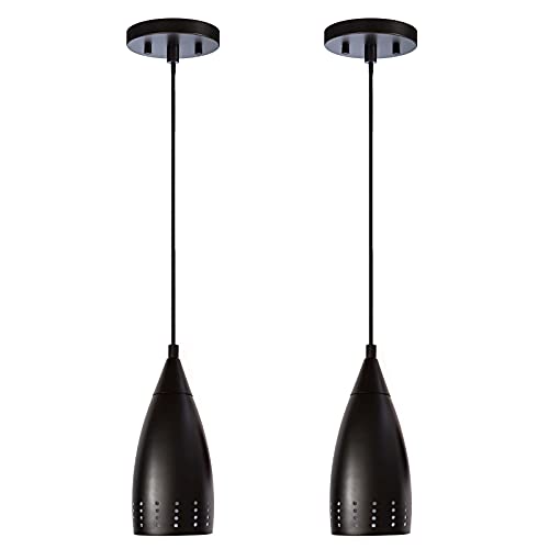 Dysmio 8.50 Inches Adjustable Contemporary Indoor Mini Pendant Light Fixture,60 Watt, E26 Bulb Base, in Black Finish with Perforated Metal Shades and 50-inch Adjustable Cord 2-Pack