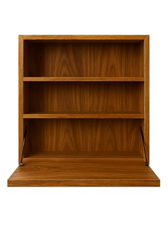 Image of Solid Sheesham Wood Wall Mounted Foldable Study Desk | Honey Finish | Space Saving Writing Table with Shelves | Self Assembly with Screws & Plugs (Honey)