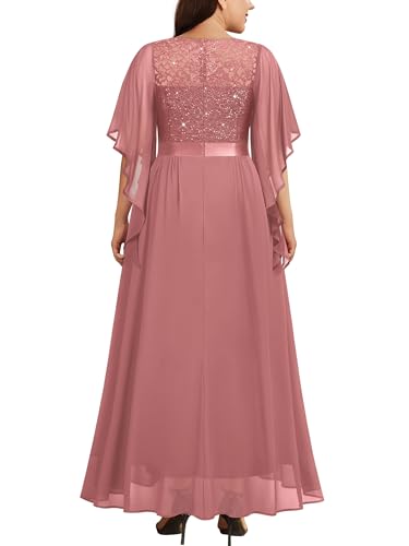 Image of Miusol Women's Plus Size Sequin Lace with Ruffle Cape Cloak Sleeves Elegant Evening Gown Wedding Guest Maxi Dress