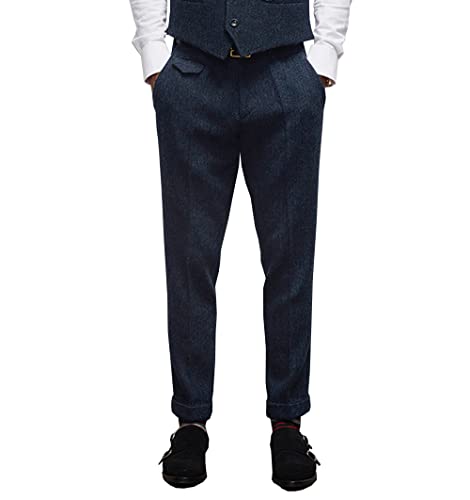 Mens Pants Herringbone Vintage Dress Pant Hemmed Pleated Suit Pants