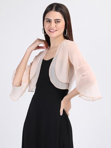 Image of AOL Women's Cropped Layered Lightweight Sheer Three-Fourth Bell Sleeves Georgette Open Neck Shrug Bolero