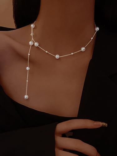 Dainty Pearl Necklaces for Women 925 Sterling Silver Simple White Pearl Drop Y Long Pendant Necklace Pearls Gold Choker Necklace for Mother Bride Birthday Wedding Jewelry Gift2