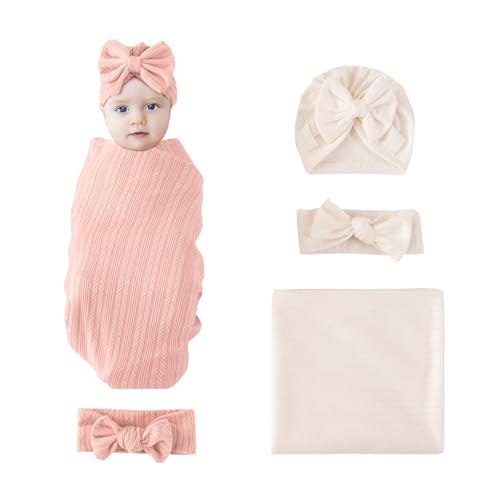 Image of Catteyonce 6 Pack 33.5" X 35.5" Baby Receiving Blanket with Matching Headband and Beanie Set Baby Swaddle Blankets for Newborn Boys Girls. (White+Pink)