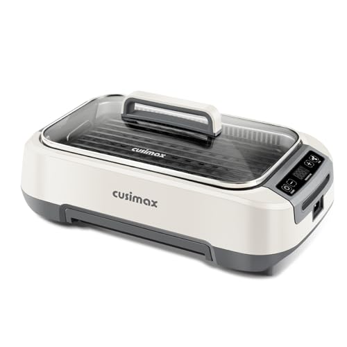 CUSIMAX Smokeless Grill, Korean Grill, 1500W Electric BBQ Grill with Tempered Glass Lid & LED Smart Display, Non-stick Removable Grill Plate, Off-White