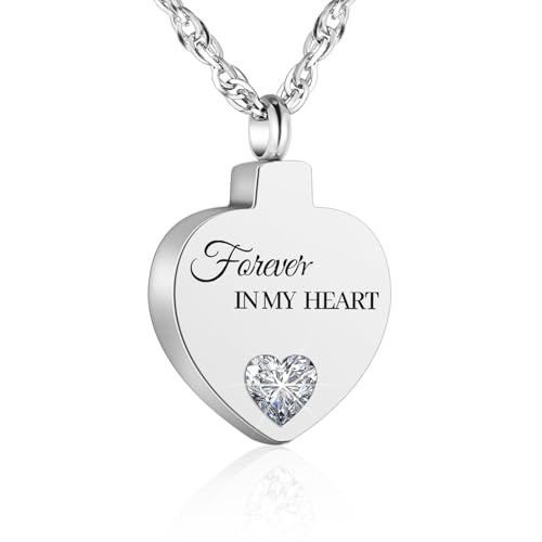 XIUDA Crystal Cremation Urn Necklace for Ashes Keepsake Birthstone Cremation Jewelry Heart Ashes Necklace for Women Stainless Steel Memorial Pendant - Forever In My Heart