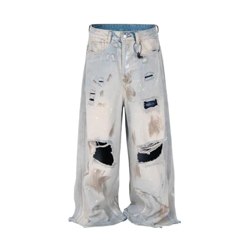 Men’s Wide Leg Ripped Patchwork Jeans, Vintage Denim, Loose Fit, Streetwear Hip Hop Style2