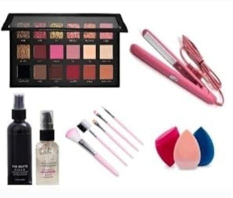 JustTya Multicolour Rosegold Eyeshadow Palette Makeup Kit Set And 5 Pink Makeup Brushes Set,1 Matte Fixer,1 Makeup Base Primer,1 Straightener with 3 Multicolor Beauty Blenders - (Pack of 12)-picture-34