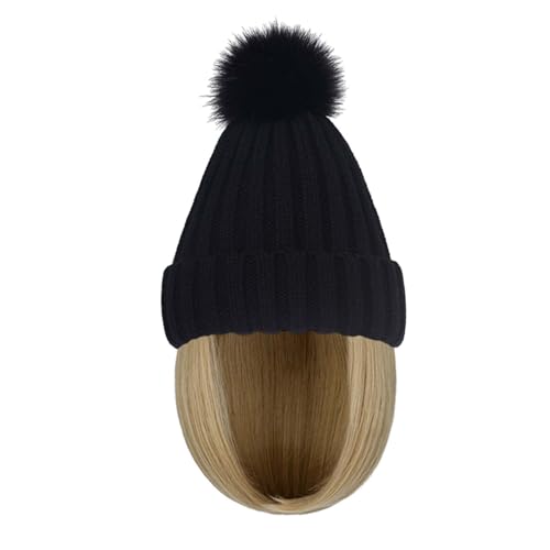 WUODHTW Women Caps with Hair Knit Beanie Cap with Extensions Short Straight Hairstyle Hat Wigs Winter Knitted hat bob Wig