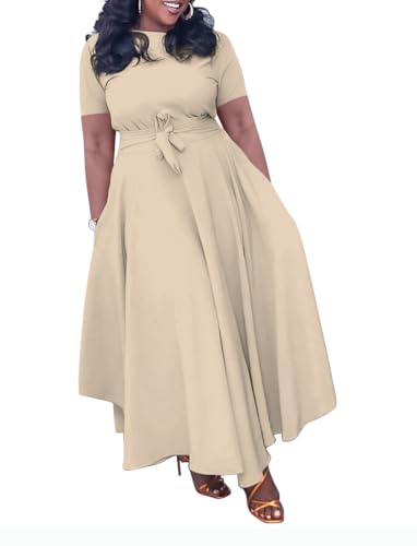 Image of Hostoyo Women Plus Size Formal A Line Maxi Dress Self Tie Waist with Pockets Elegant Round Neck Swing Long Dresses