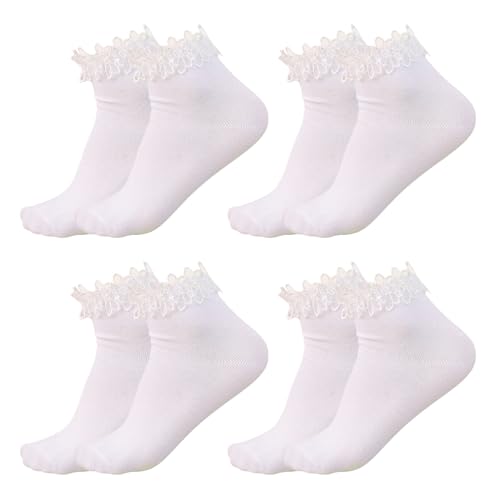 SKHAOVS 4 Pares Mujeres Blanco Calcetines,Calcetines de Tobillo,Calcetines con Volantes,Calcetines de Encaje,Calcetines de Ballet,Calcetines de Vestir,Calcetines de Algodón Transpirable (Blanco)