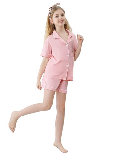 Umeyda Girls Pajamas Set Soft Short Sleeve Button-Down Sleepwea Nightwear 3Pjs Set Loungewear, 5-14 Years3