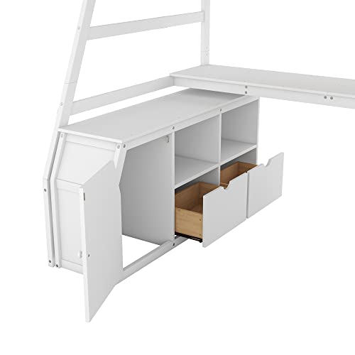 Merax Loft Bed Twin Size, Wooden Frame With Desk And Storage, Space-Saving Design With Convenient Multi-Drawers & Cabinet, For Teens Adults (White) #TOP5