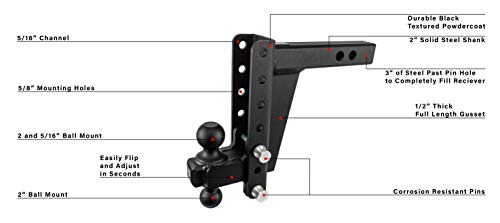 Bulletproof Hitches 2.0" Adjustable Heavy Duty (22,000Lb Rating) 8" Drop/Rise Trailer Hitch With 2" And 2 5/16" Dual Ball (Black Textured Powder Coat, Solid Steel) #TOP5