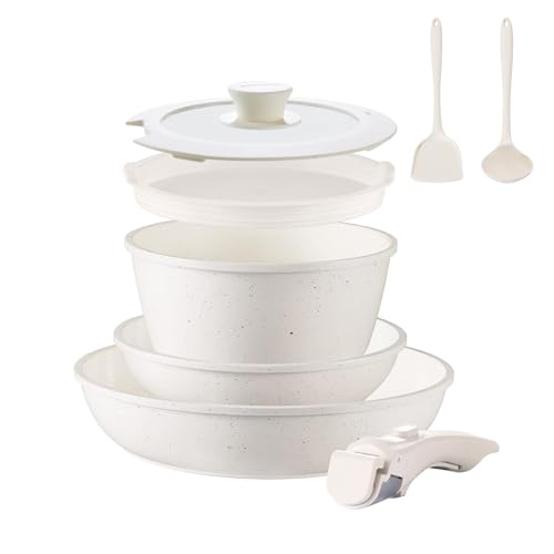 BECIGAR 8pcs Ceramic Pots and Pans Set, Non Stick Cookware Set, Detachable Handle Cookware, Induction Kitchen Cooking Set with Removable Handle,Oven Safe, Induction Fast, Stackable Cookware Set