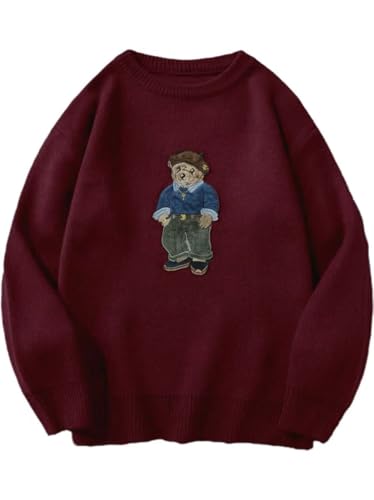 Teddy Bear Embroidered Sweater Fleece Lined Crewneck Pullover Warm Winter Knit Navy Blue Green Black (US Alpha Large Regular Regular Burgundy)