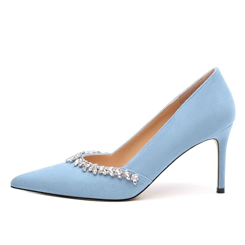 Womens Pumps, Suede Slip-on Pointed Toe High Heel Pumps Rhinestones Evening Party Dress Shoes for Women 3.35 Inch2