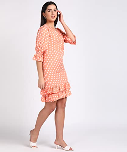 Image of Vahson Bottom 2 Layer Flared Balloon Sleeve V-Neck Dot Printed Short Knee Length Dress for Girls /Women