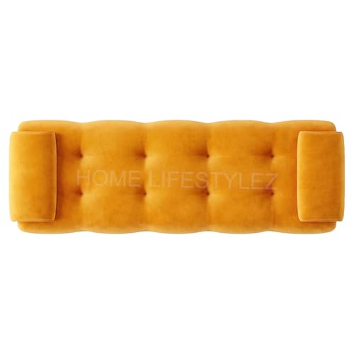 Image of Home Lifestlez Monel 2 Seater Tufted Ottoman Bench | Velvet Upholstered | Seating Bench Window Bench Footrest Stool End of Bed Bench Living Room Furniture | Comfortable & Stylish - Yellow
