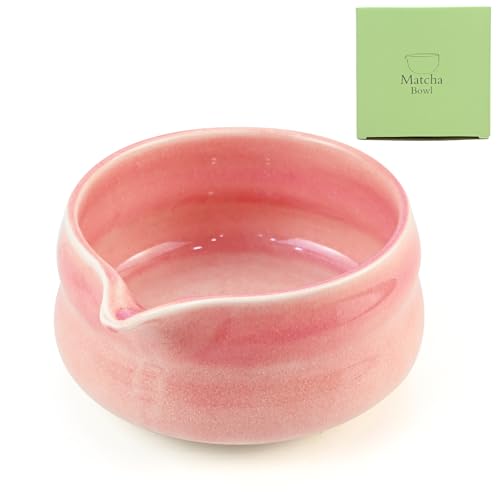 Matcha Schale aus Keramik mit Ausgießer Japanische Matcha-Tee-Rührschüssel mit Geschenkbox Handgefertigt Aquarell Teeschale für Teezeremonien und Matcha-Zubereitung für Büro Teestube Rosa
