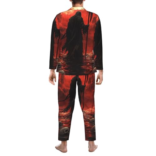 Grim Reaper Holding A Scythe Mens Pajamas Set Button Down Sleepwear Set Long Sleeve Loungewear With Pockets2