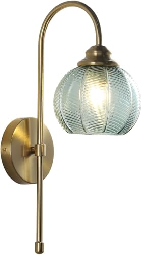 Image of KCO Lighting Vintage Green Glass Wall Light Brushed Brass Wall Sconce Gold Long Swing Arm Wall Light Mid Century Modern Wall Light Unique Bathroom Wall Lamps